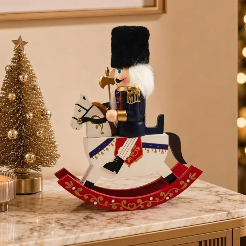Wooden Holiday Soldier Rocking Horse Figure, Nutcrackers Christmas Decorations for Shelf, Desk, Entryway, Home Y5GB