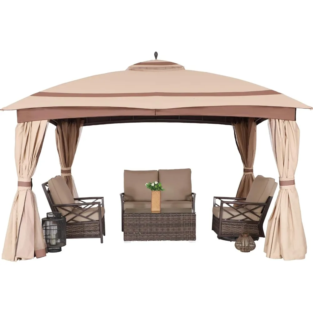 

2024 New 11x13 Gazebo for Patio, with Curtains & Netting & Sandbags, Double Tier Roof Round Leg