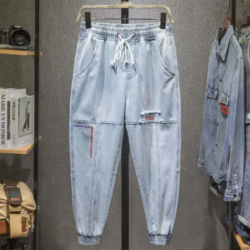 New 2026 Drawstring Men's Trendy Brand Loose Splicing Korean Trendy Closing Tied Feet Hip-hop Light-colored Harlan Pants