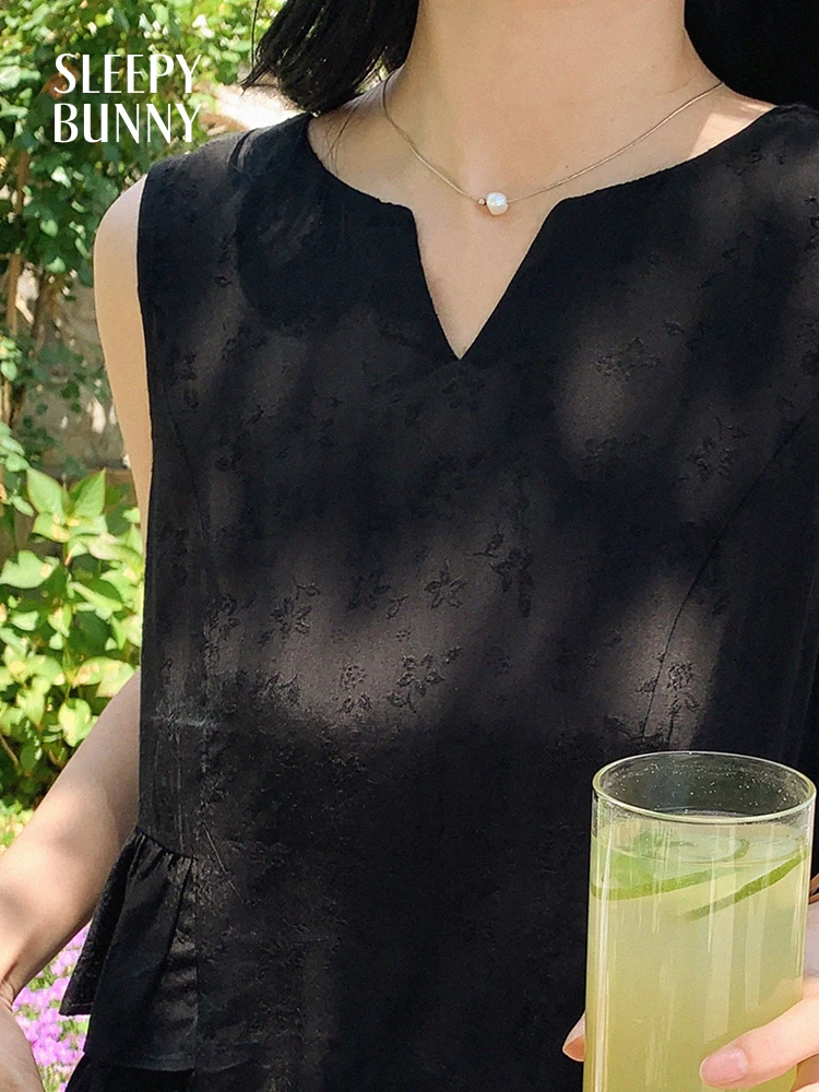 Sweet Black Ruffle Sleeveless Blouse Lightweight V Neck Summer Top Women Korean Style Short Slim Fit Shirt Daily Vacation Wear