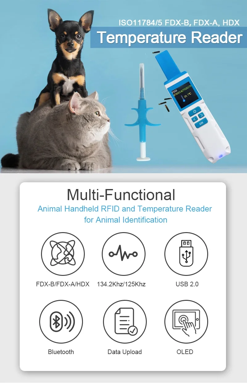 Hot Sale 134.2KHz RFID Handheld Scanner HDX FDX-B Animal Microchip Temperature  for Pet Livestock Horse Health Monitoring