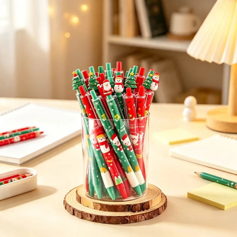 30pcs 0.5mm Christmas Retractable Ballpoint Pens with Santa and Tree Prints for Holiday Office School Supplies and Party Favors