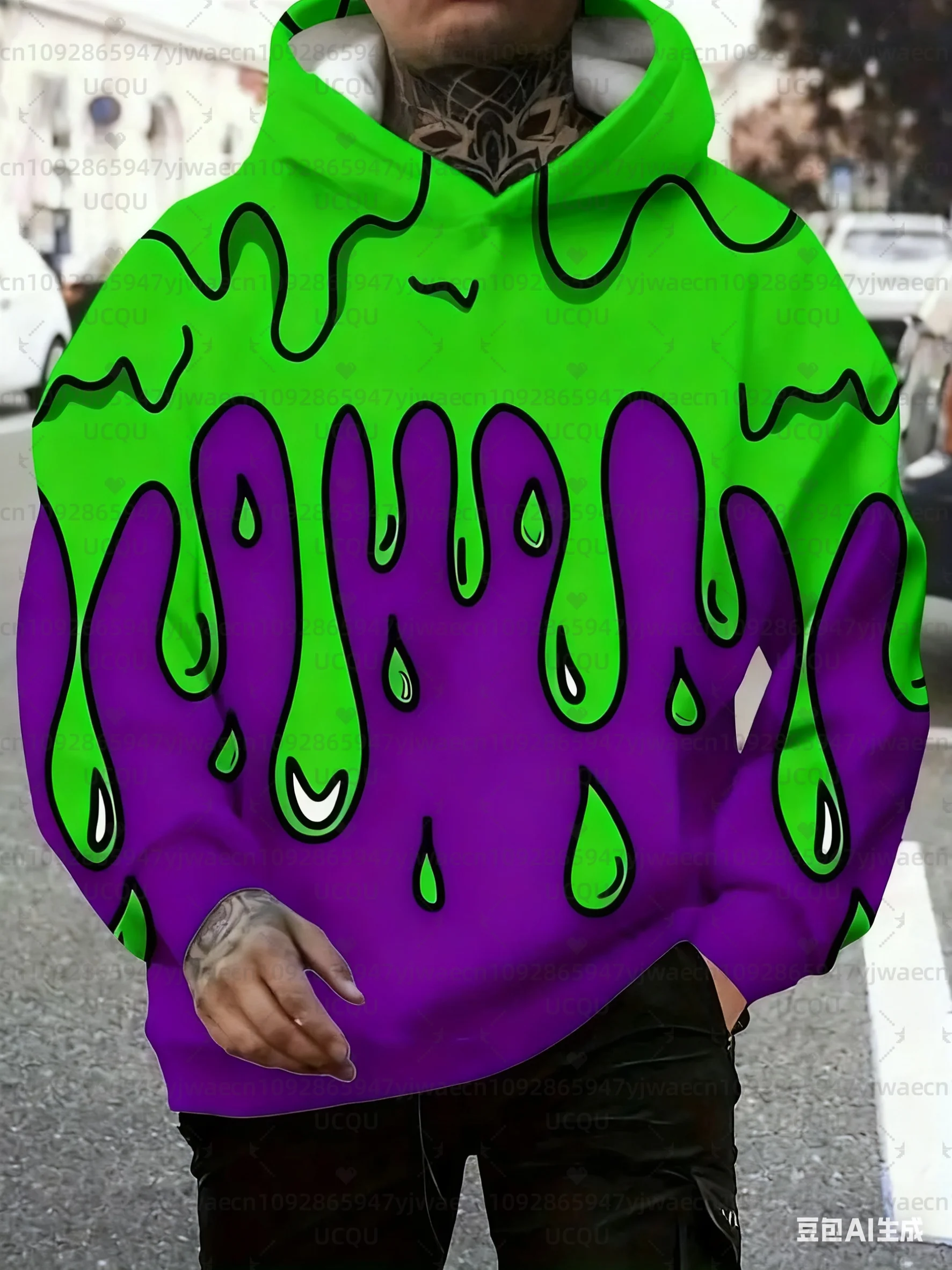 سويت شيرت رجالي بقلنسوة باللون الأخضر النيون والأرجواني، بلوفر بنمط تنقيط سائل يوميًا ورياضة للياقة البدنية في الهواء الطلق، هوديس نسائي #1