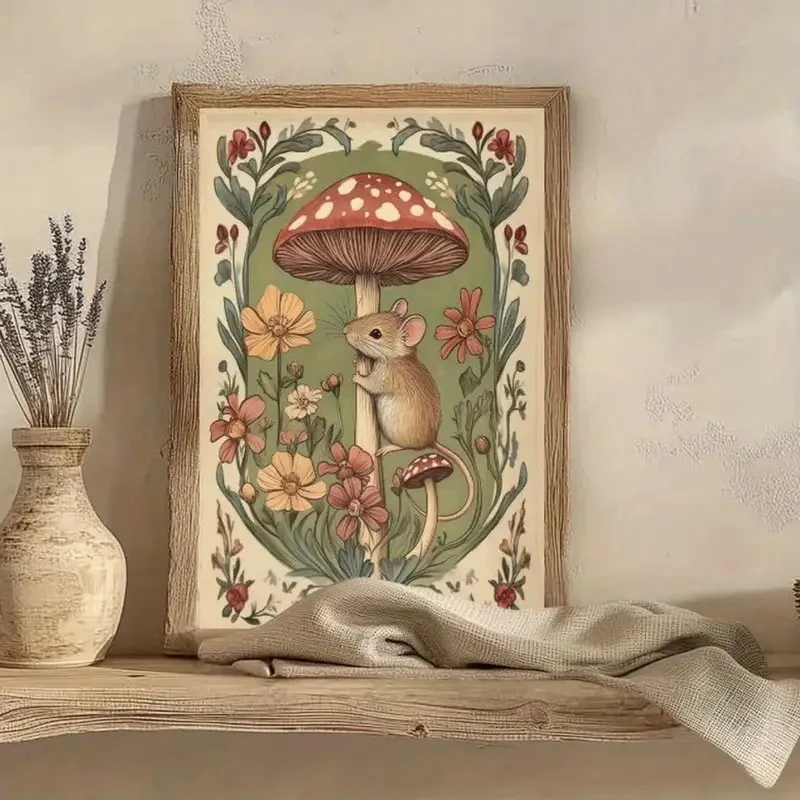 1PC frameless decorative art print,Retro Forest Mouse and Mushroom Canvas Poster Cute Children's Room Decoration Beige Reddish-b