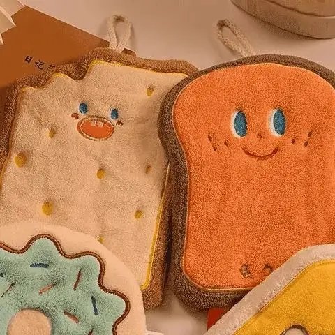 Toallitas de mano de terciopelo Coral y queso, toalla absorbente suave y bonita, cocina, baño, pan, tostado, rebanadas, galleta, Donut, toallitas para manos