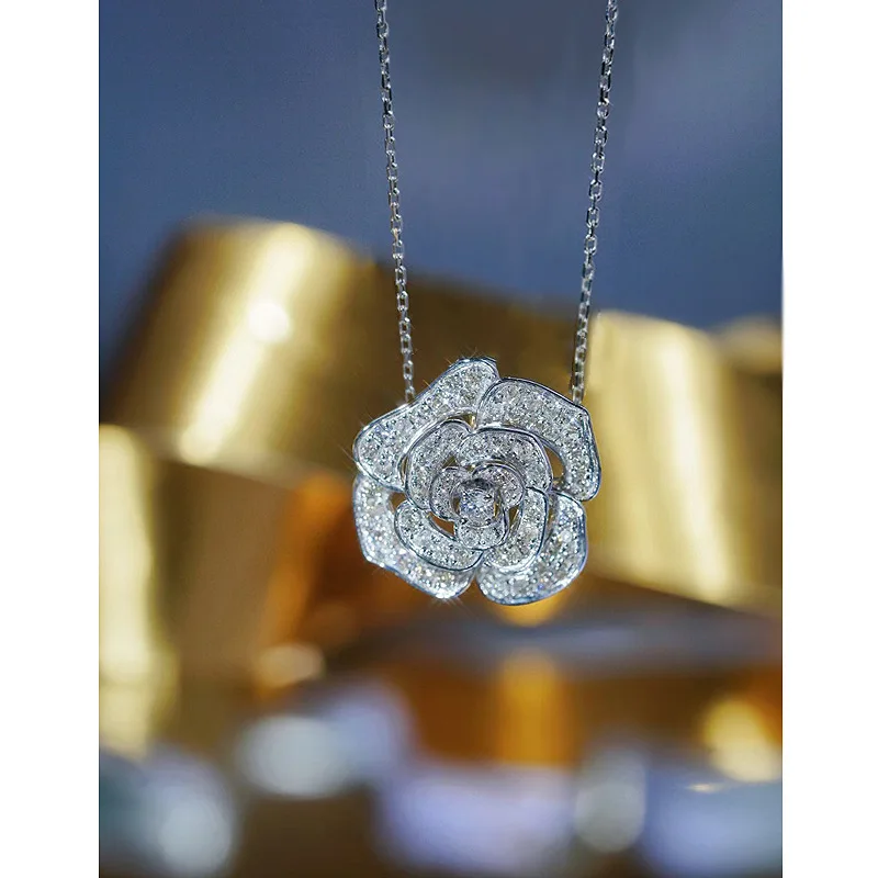 Luxury Mountain Camellia 925 Silver Pendant Inlaid with High Carbon Diamonds Versatile New Style