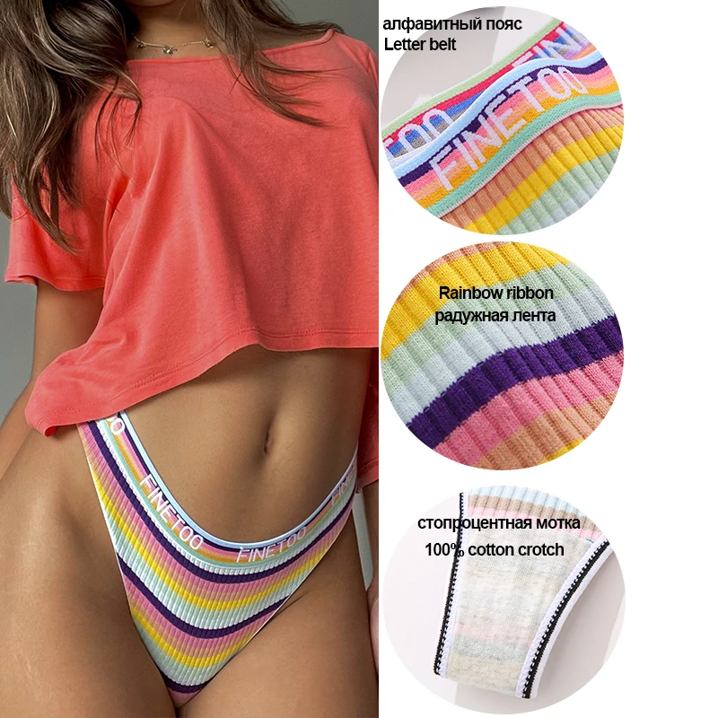 Arco-íris calcinha de algodão listrado colorido para mulheres, roupa íntima sexy G-String, feminina Finetoo Band Thong, lingerie íntima T-Back, 3
