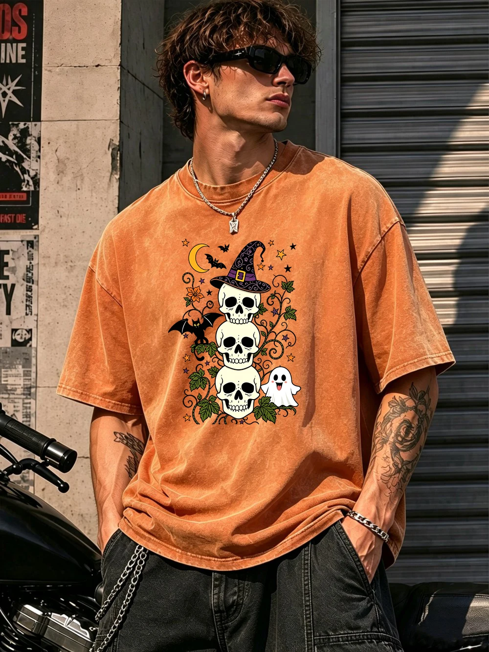 Stacked Skulls Halloween Print Washed T-Shirts Mens Oversize Cotton T Shirt Summer O-Neck Distressed Tops Casual Male Clothes