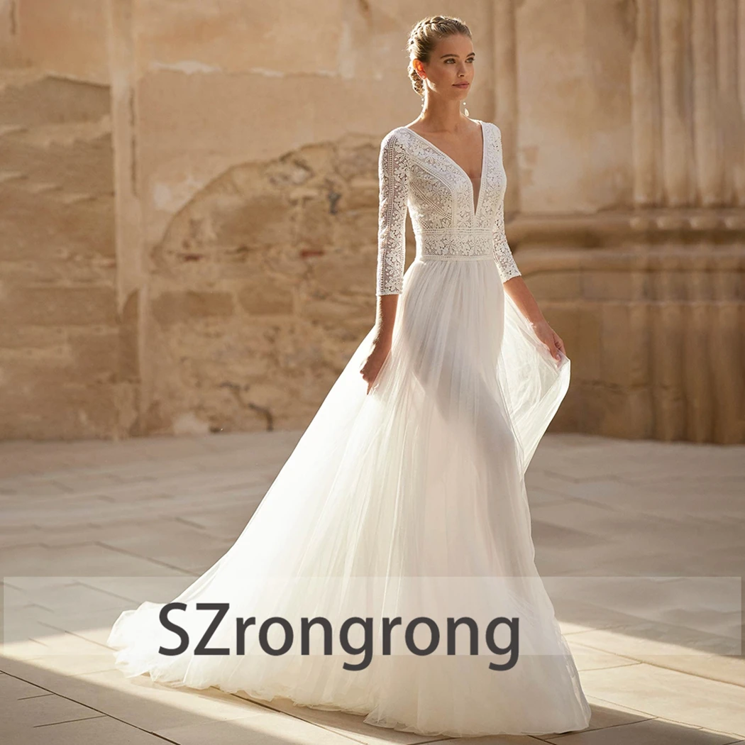 

Customized V-Neck 3/4 Sleeve Lace Bohemaid Wedding Party Dress Tulle Backless Floor Length A-line Elegant Bridal Gown with Train