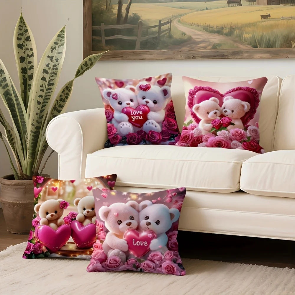 4PCS Cute Teddy Bear Pillow Case, Pink Rose Heart Cushion Cover, Romantic Love Print, Valentine Sofa Decor, Bedroom Throw Pillow