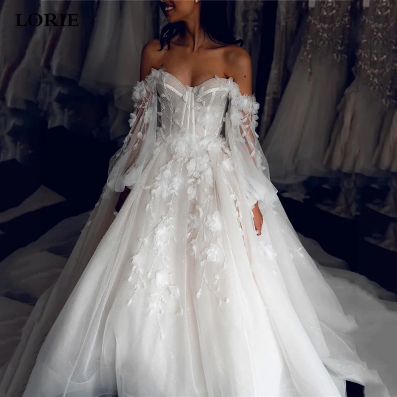 LORIE Lace Princess Wedding Dresses Long Sleeve Sweetheart Bridal Dress Puff Sleeve Appliques Wedding Party Gowns Customized