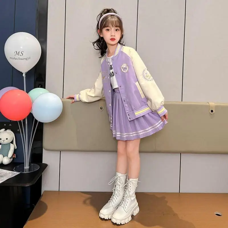 Saniris Mymelody Girl Baseball Coat Anime Kuromi Kids Jacket gonna a pieghe 2Pcs Preppy Style Uniform Suit primavera autunno Kids Cloth