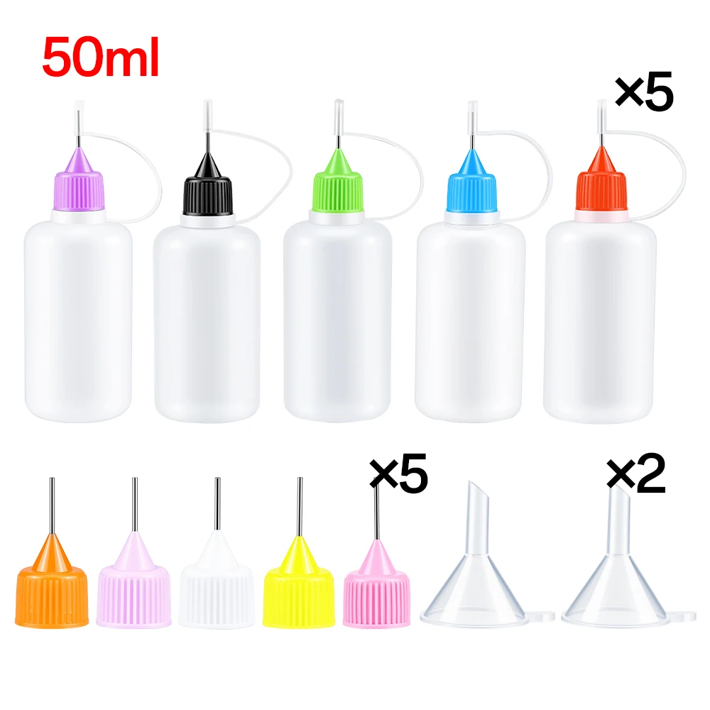 5 Stück 10ml-120ml Präzisions-Applikatorflaschen mit Nadelspitze, Quetschflaschen für Klebstoff mit 2 Mini-Trichtern für DIY-Malerei und Papierquilling