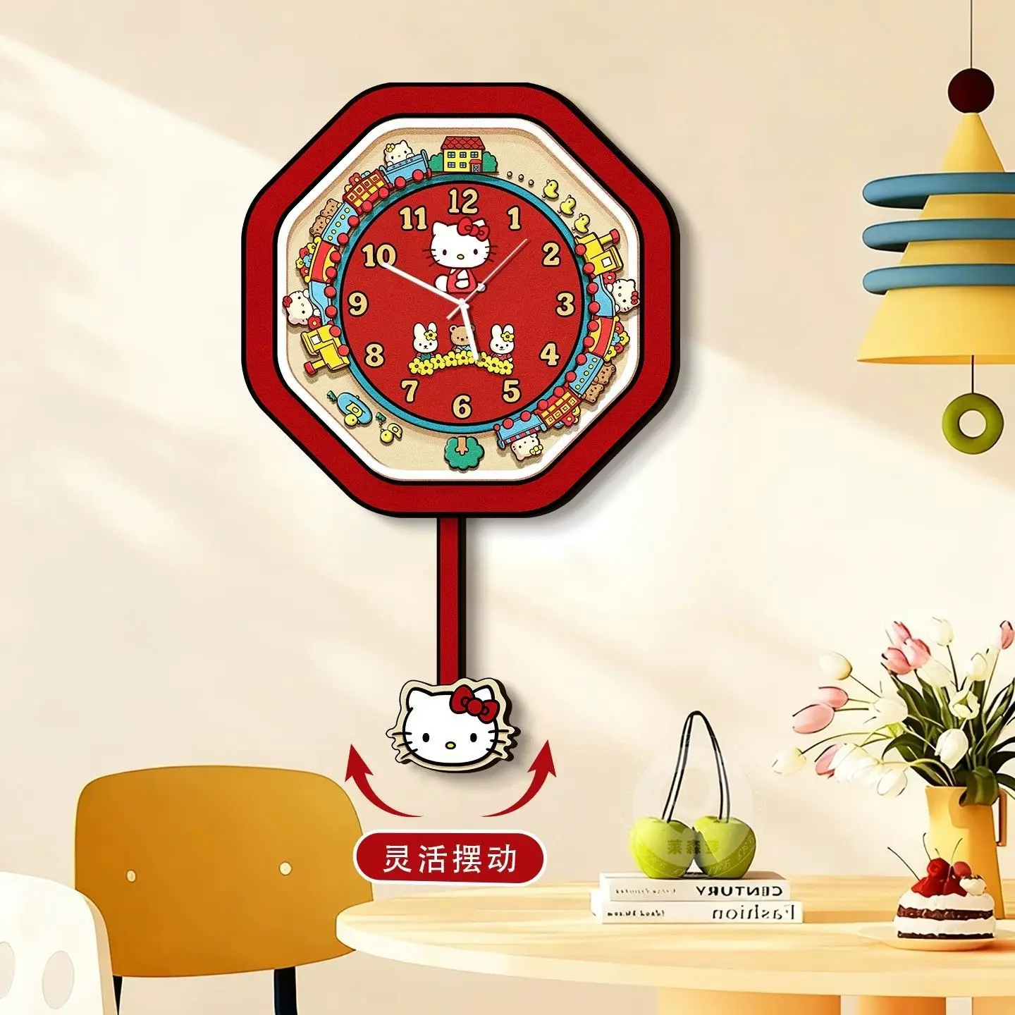 Kawaii Sanrio Sweet Dream Train Pendulum Wall Clock Hello Kitty My Melody Silent Non-Ticking Clock Girls Bedroom Home Decor Gift view 4