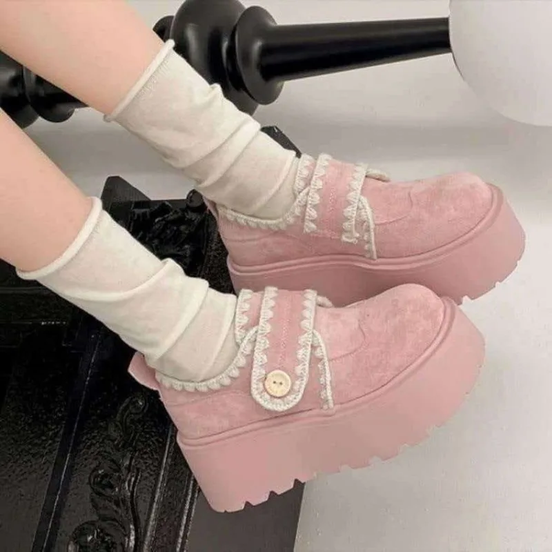 Women Winter Platform Birken Shoes, Fleece Lined Lace Trim Magic Strap Warm Suede Thick Sole Casual Loafers