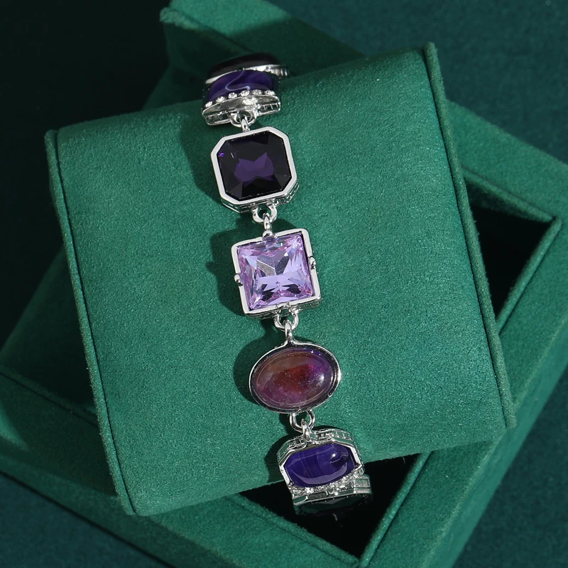 

Vintage Purple Crystal Bracelets Natural Stone Silver Color Square Luxury Brands Woman Jewelry High Quality Accessories 2026