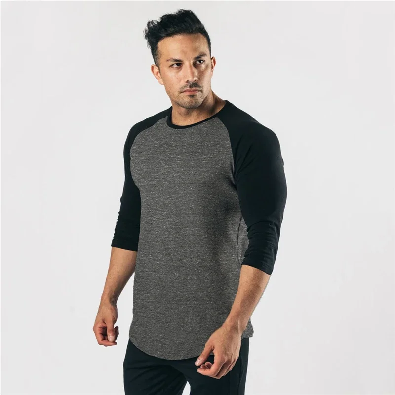 Muscleguys Autumn Fashion Three Quarter Sleeve Fitness T-shirt Men Solid Patchwork O-neck Gym T shirts Male Slim Fit Tee Shirts