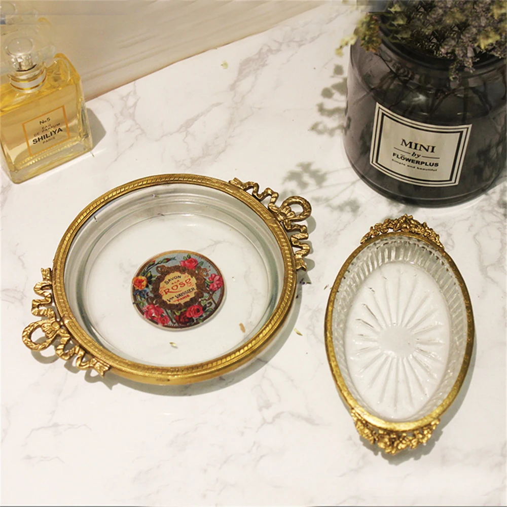 

Brass Glass Tray Jewelry Key Ring Soap Food Fruit Snack Round Tray for Vanity Bathroom Counter Kitchen Party Coffee Table Bar