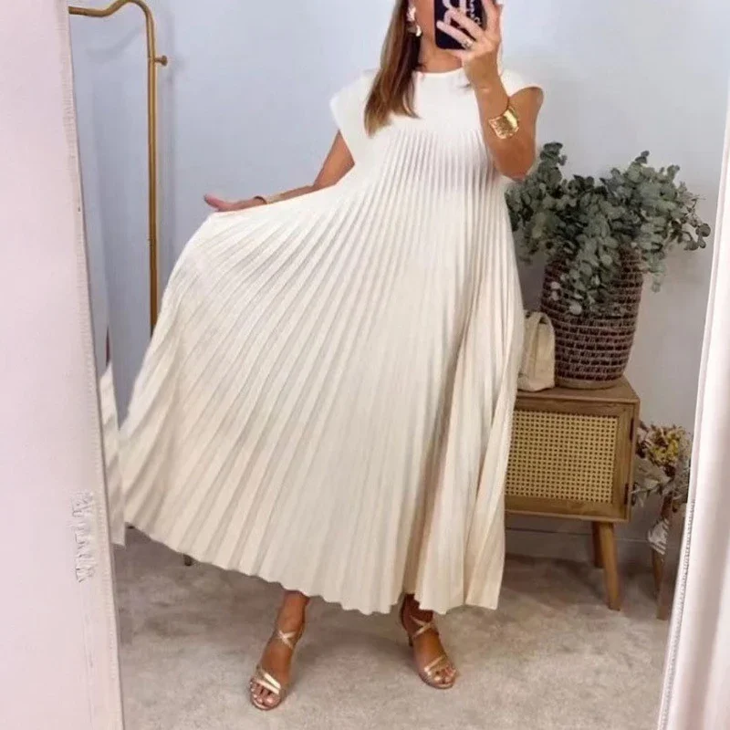 Fashion Round Neck Sleeveless Loose Pleated Dress Elegant Beige Dresses Casual Maxi Dress for Women Office Lady Clothes 28011