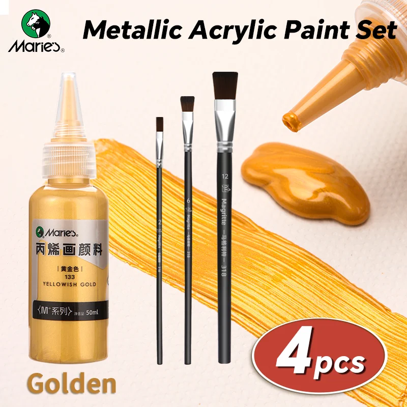 

4pcs Marie's Golden Metallic Acrylic Pigments with Bushes,50ml/1.69oz for DIY,Painting,Rock,Glass,Wood