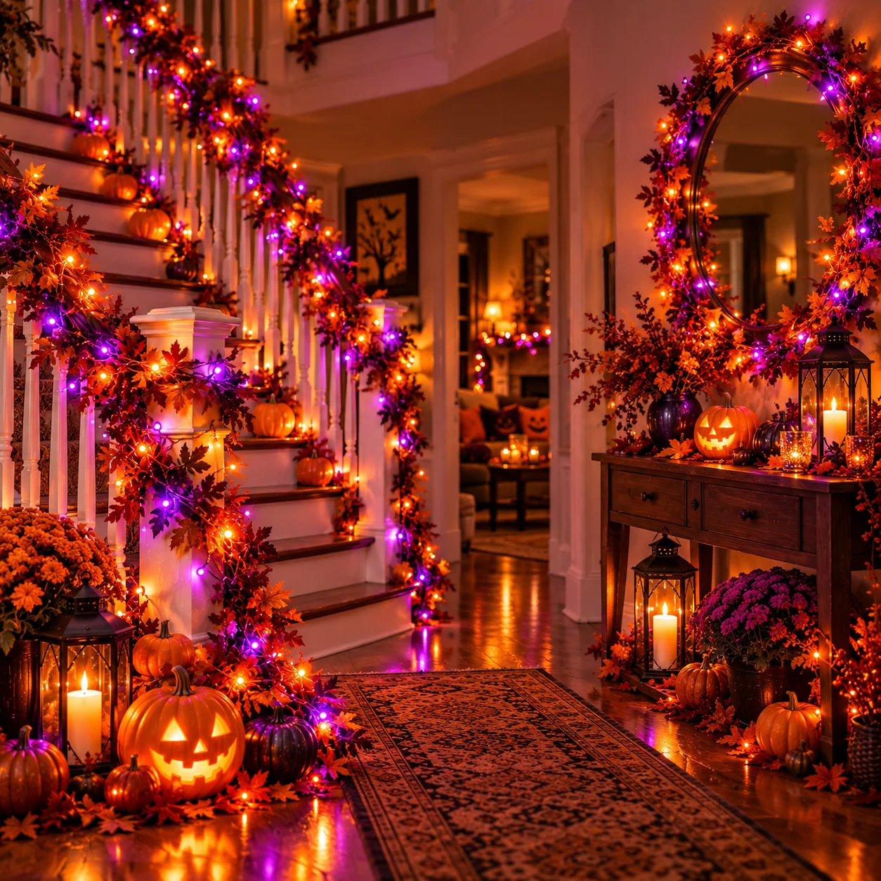 Halloween-Lichterkette mit Solarbetrieb, in den Farben Lila, Orange und Kupfer, 8 Leuchtmodi, schaltet sich automatisch bei Dunkelheit ein, ideal für die Dekoration von Gärten, Veranden und Partys. – Detail 5