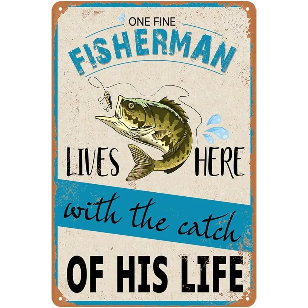 1 قطعة 8x12 بوصة خمر مضحك الصيد معدن القصدير تسجيل- "واحد غرامة صياد يعيش هنا مع صيد حياته" جدار الفن