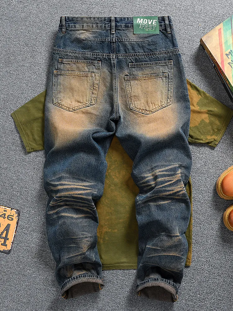 Men's American High Street Vintage Yellow Mud Wash Jeans, Loose Straight Wide Leg Denim Pants, Fashion Plus Size Casual Trousers