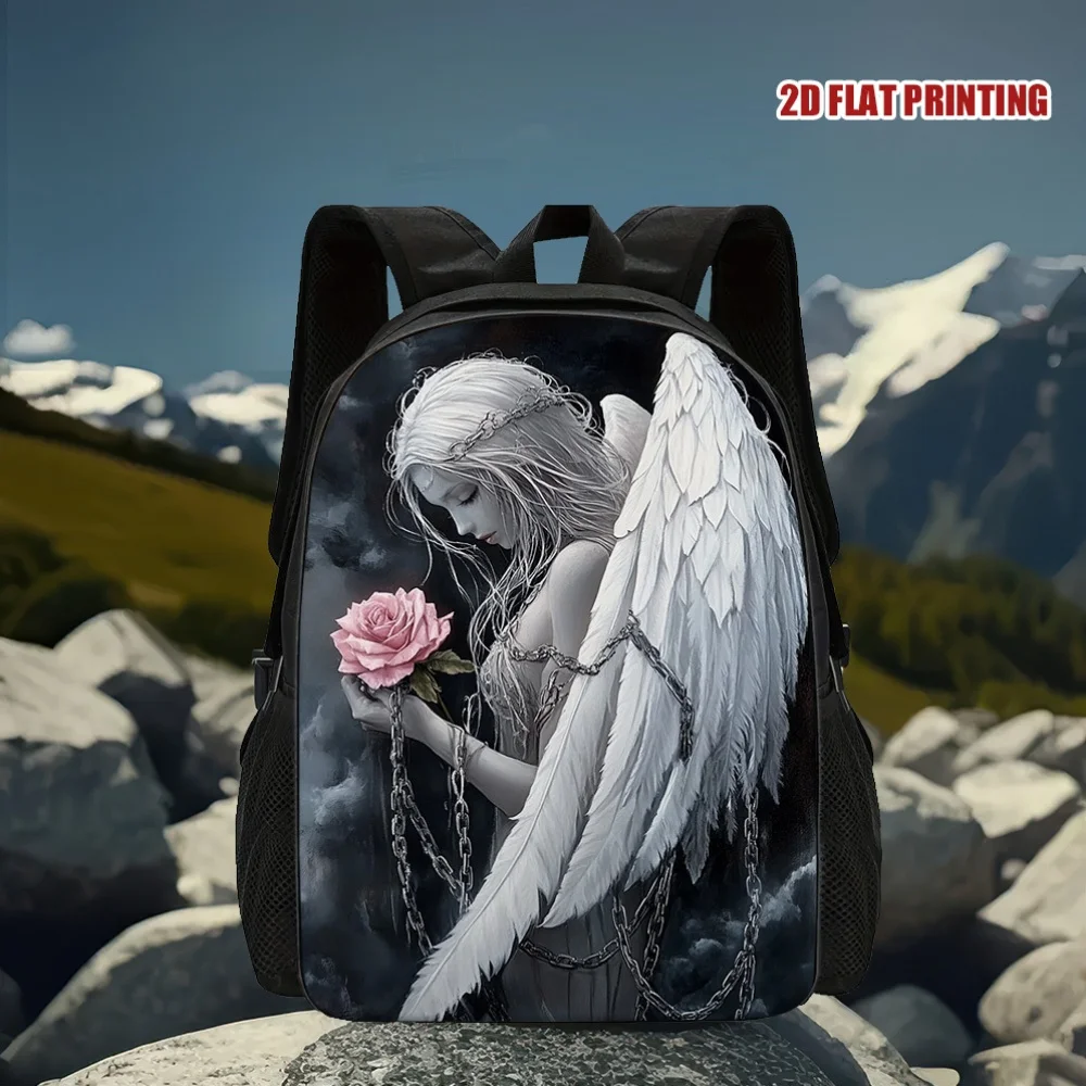

1 Angel and Chain Pattern Backpack | 2D Flat Print, Stylish Commuter Style, Adjustable Shoulder Strap, Zip Seal, Hand Washable