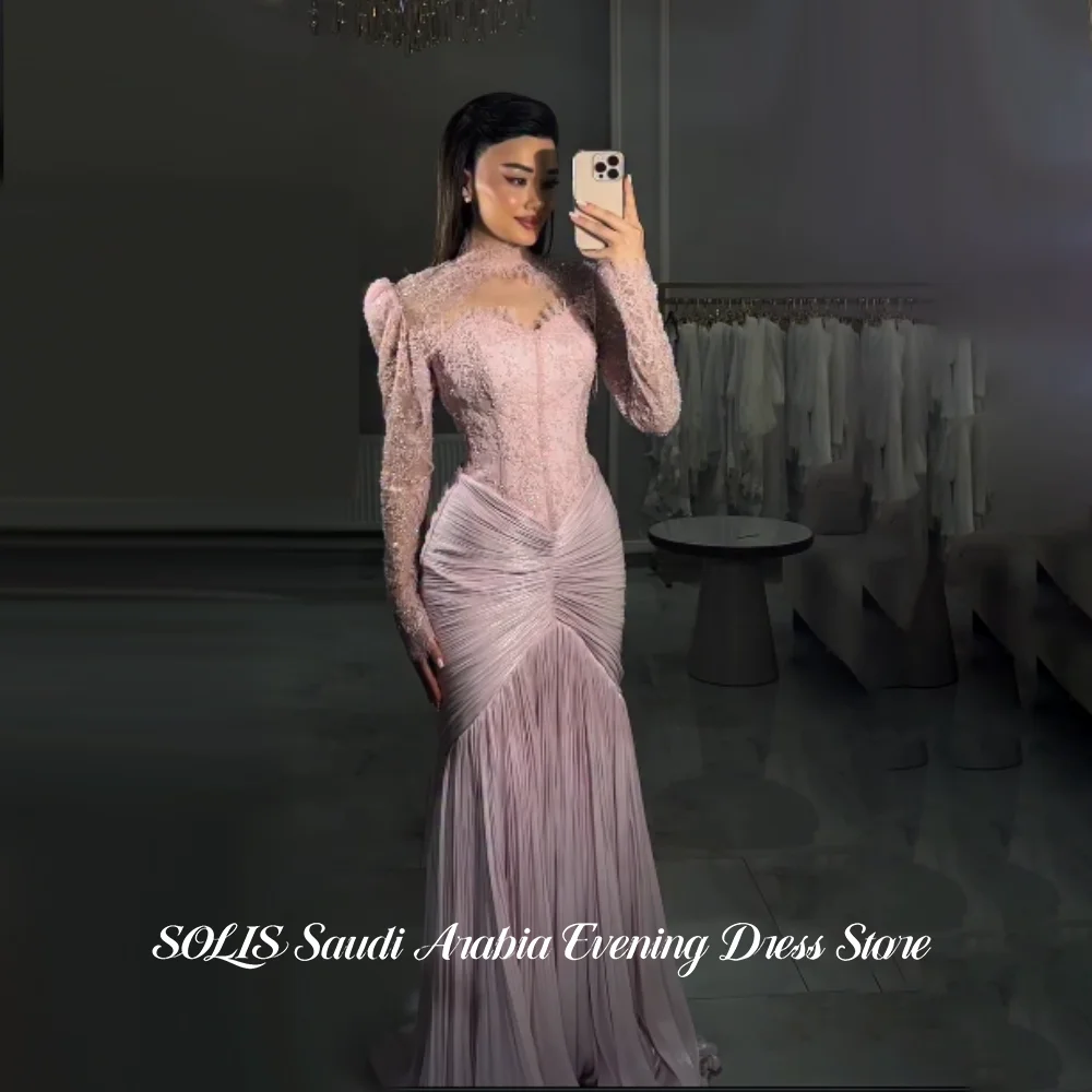 SOLIS Blush Pink High Neck Mermaid Prom Dress Long Puff Sleeve Lace Beaded Evening Dress Shimmer Chiffon Party Gown Customized