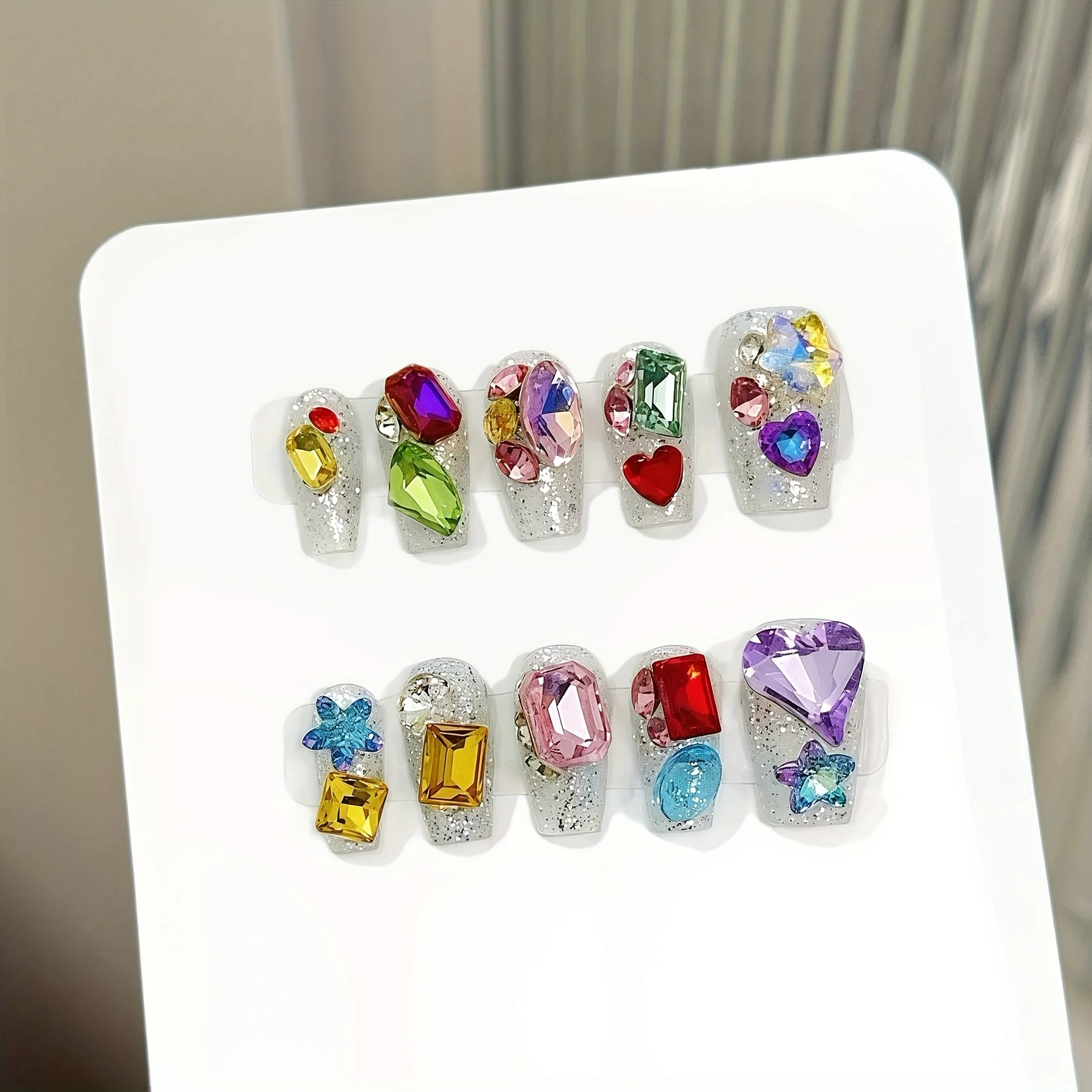 10pcs high-end Short colored stone accessories show white spice girls handmade fake nails, Flash multi diamond light luxury high