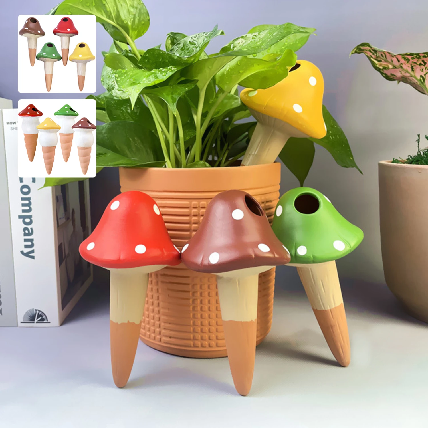 Must-have adorable set of four small terra cotta mushroom spikes for keeping garden plants hydrated. Perfect portable automatic 