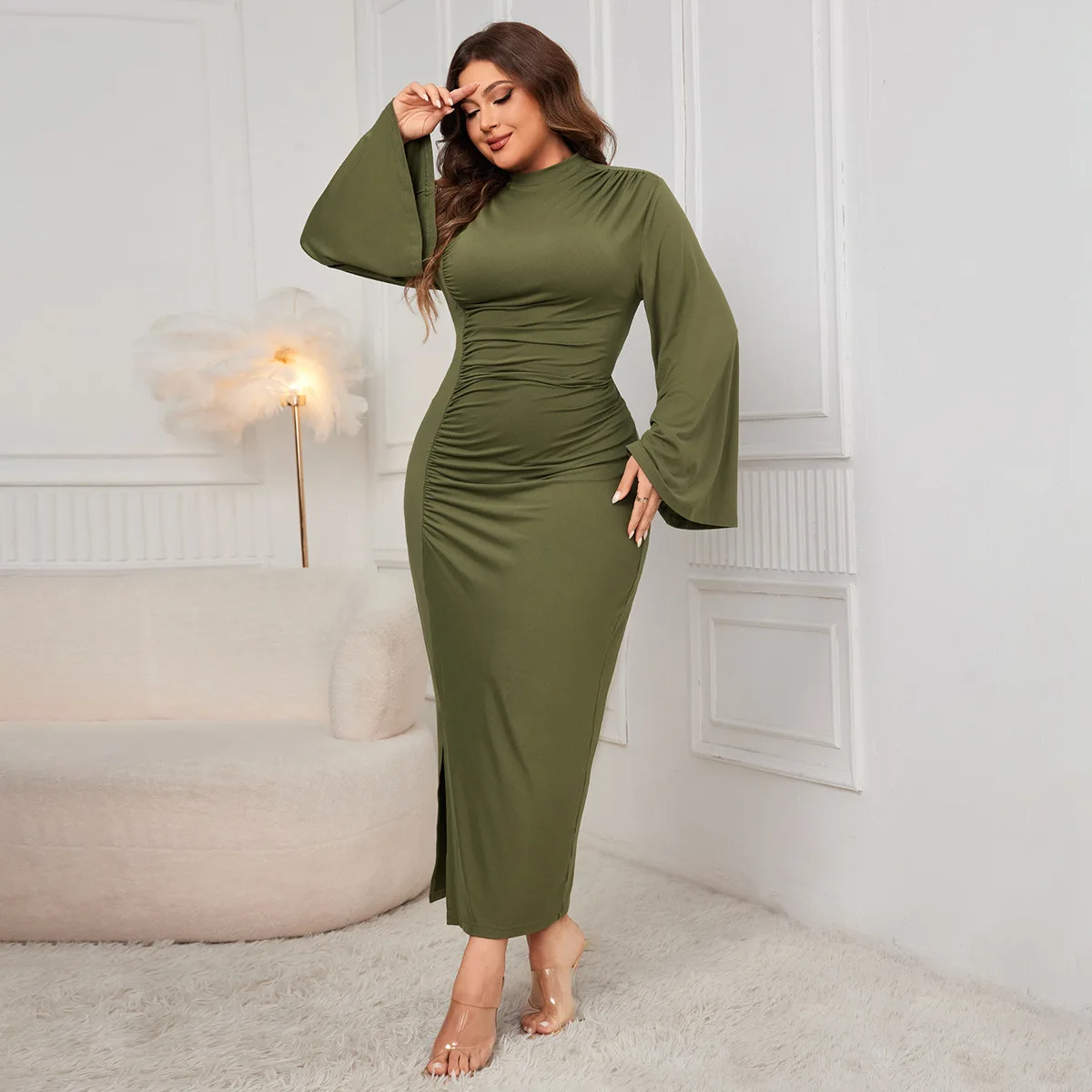 

Women's Ankel Length Long Slim Dress Solid for Office Lady Dress Long Flare Sleeve Green