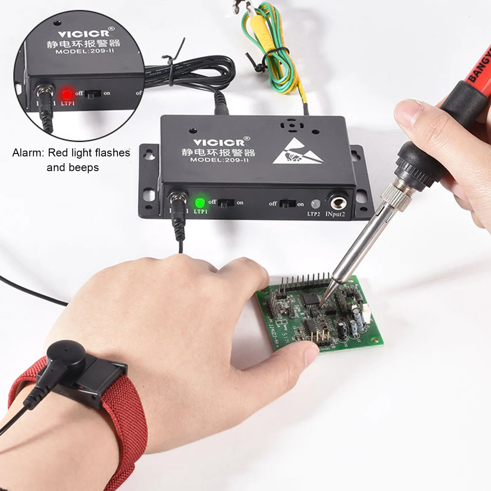 Probador de correa de muñeca ESD, alarma, alta sensibilidad, ligero, duradero, doble estación, pulsera antiestática, Monitor en línea