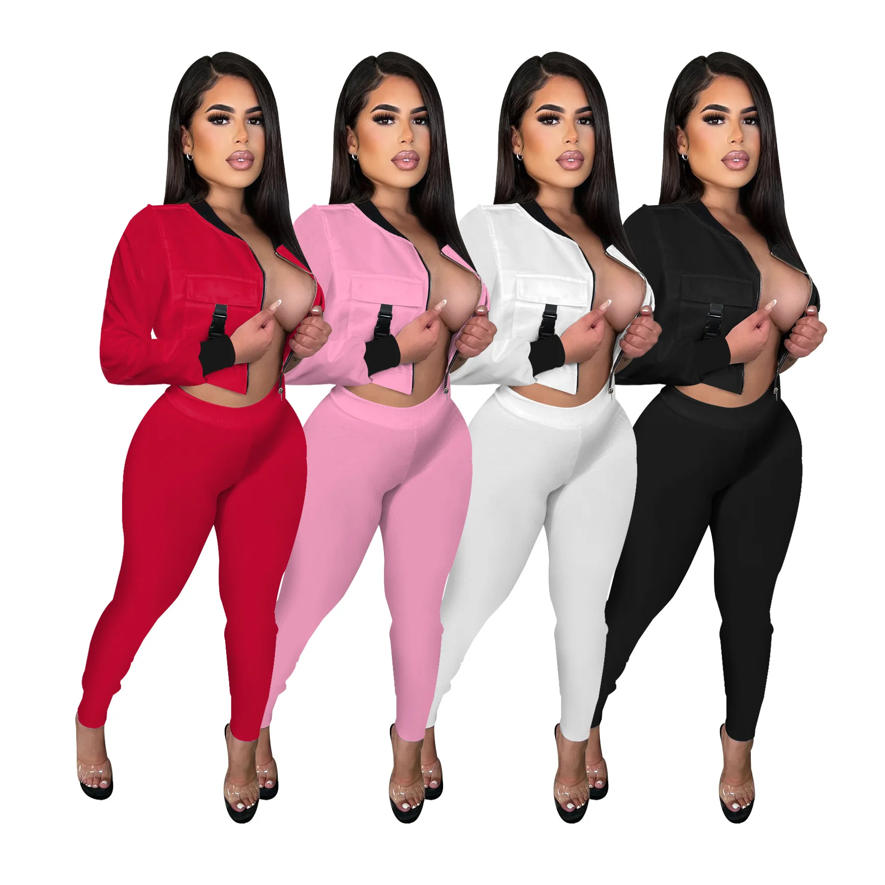 

Autumn and Winter Women's Zipper Long Sleeve Jacket Trousers Two-piece Solid Color Sports Suit Women