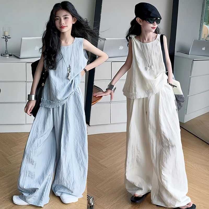 

Children Clothes Girl Summer Minimalist Casual Versatile Sleeveless Top And Wide Leg Pants 2026 Loose Comfortable Breathable