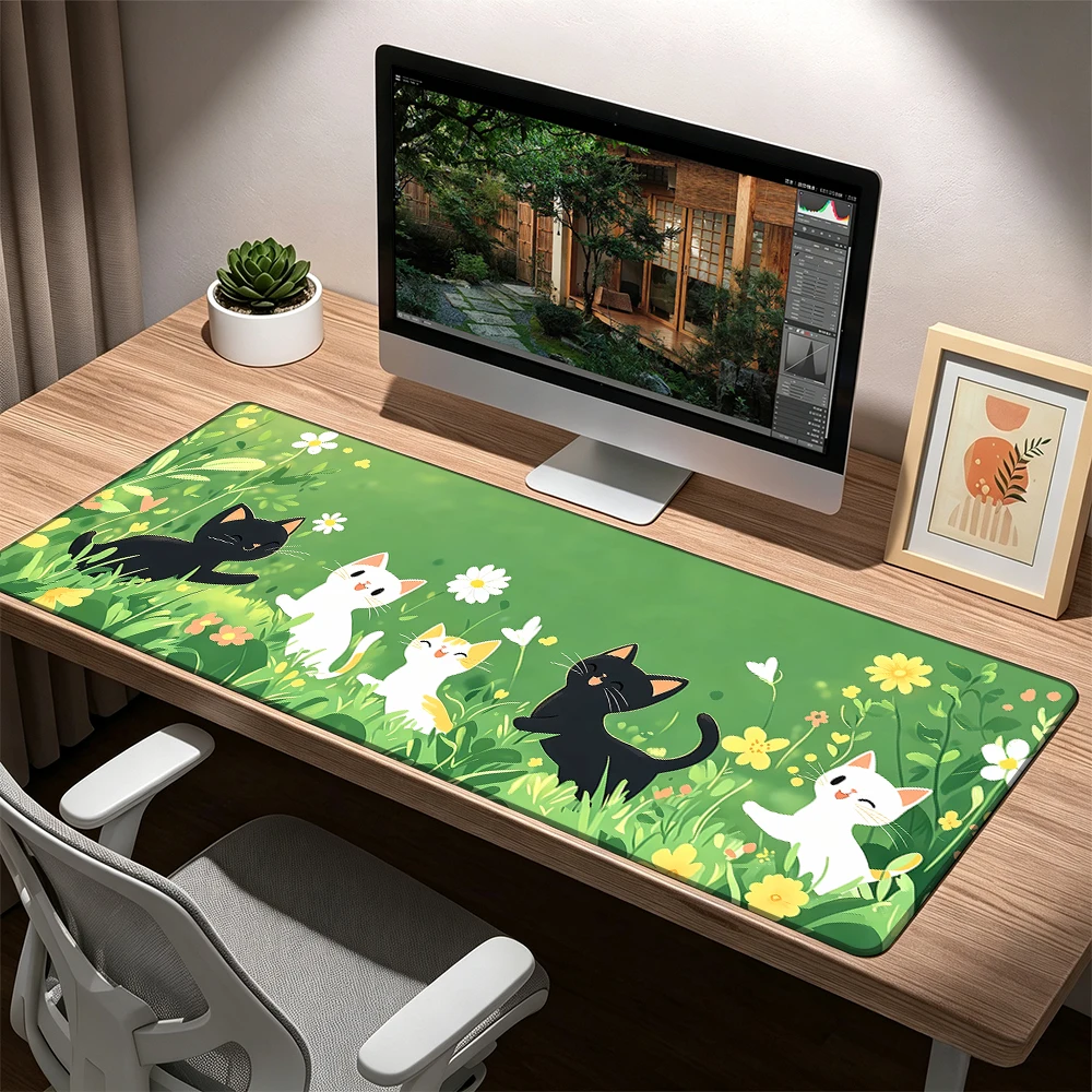 Happy cats anime Mouse Pad Desk Mat with Stitched Edge Anti-slip base mouse pads Gaming PC Accessories Keyboard Extended pad