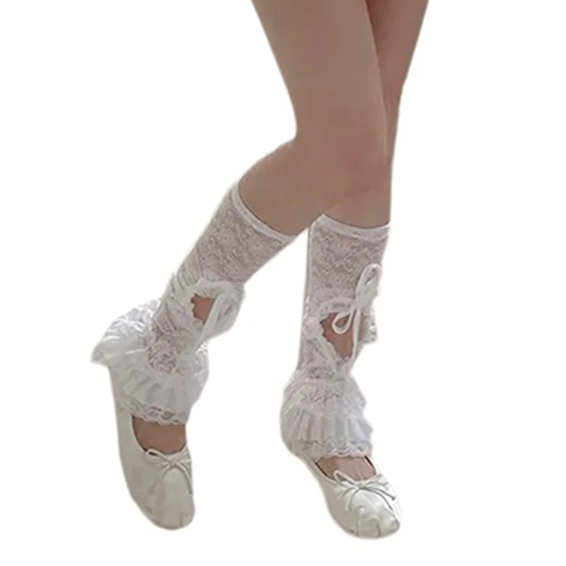 Sheer Flower Lace Leg Wrap Cover with Multi Tiered Ruffled Stretch Elegant Hollow Out Heart Drawstring Leg Warmer Socks