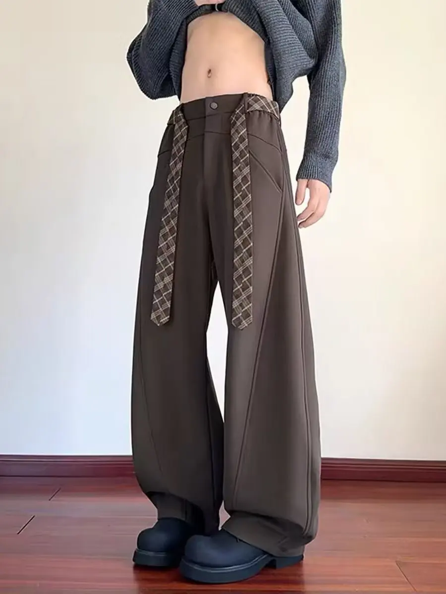 

Коричневые мужские свободные повседневные брюки в американском стиле с драпировкой и косым кроем, весна 2026, новинка, модные брендовые прямые свободные мужские брюки