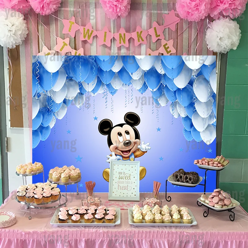 Cartoon Custom Disney Lovely Baby Mickey Mouse Cute Blue Balloon Birthday Party Decoration Backdrop Photography Background