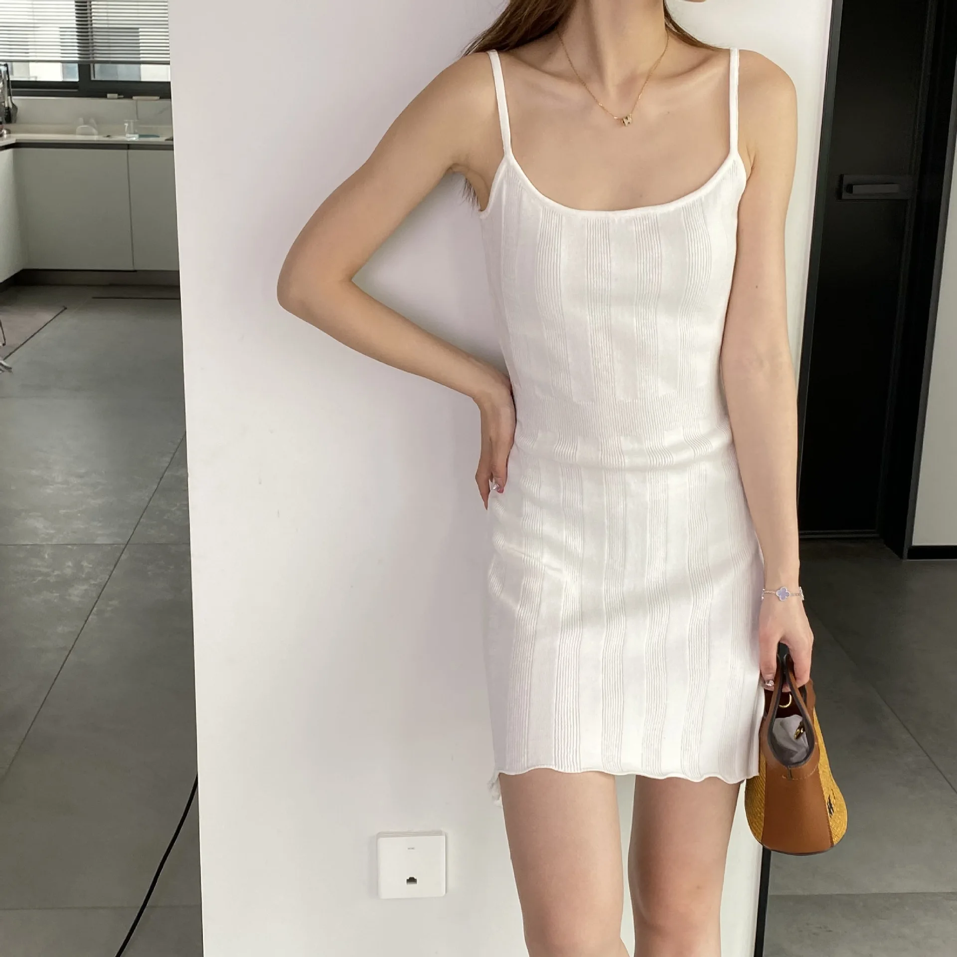 Spring and summer women\'s casual solid color slim fit knitted camisole dress