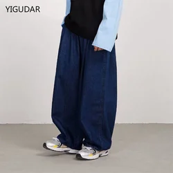 Men Wide Leg Jeans Baggy Retro Blue Japanese Simple Leisure Stylish Soft All-match Pocket Large Size S-3XL Solid New-fashion Hot
