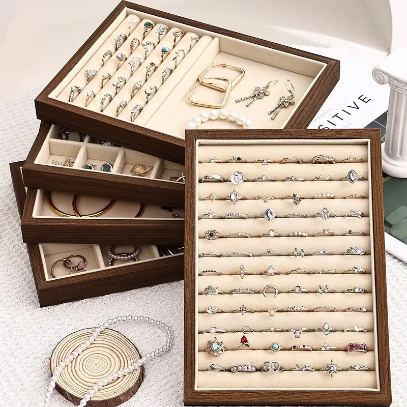 Wood Grain Jewelry Tray Storage Drawer Small Stackable Jewelry Boxes and Packaging Suitable for Ring Earrings Simple Practical