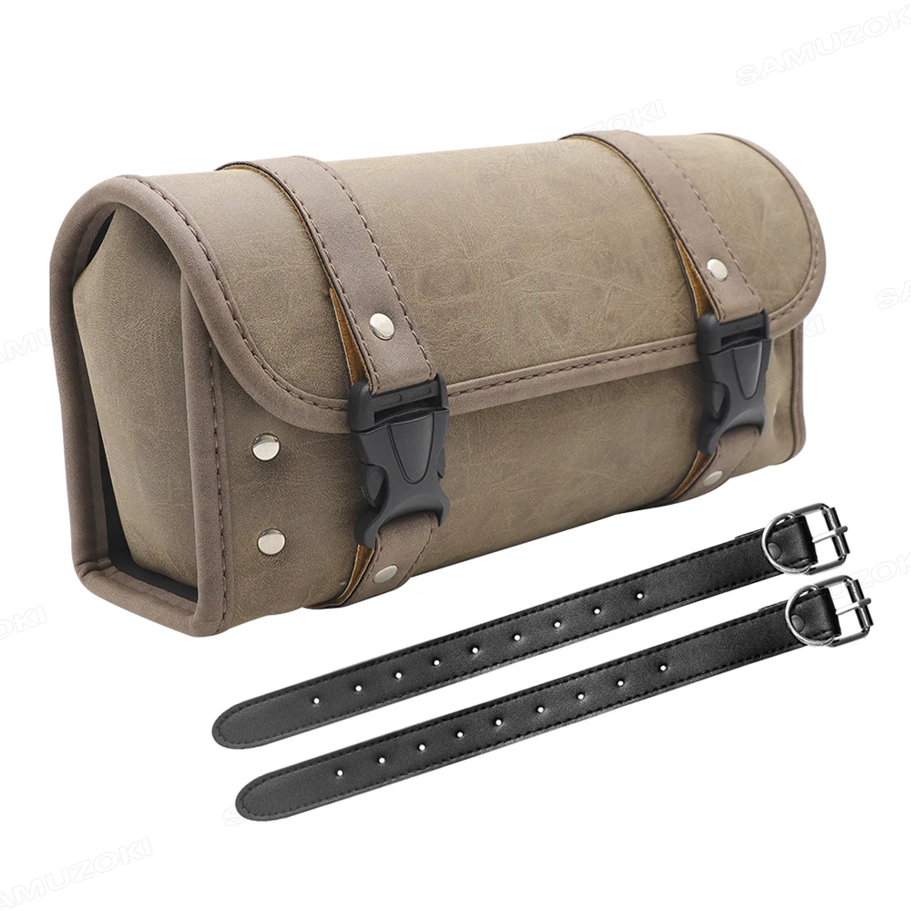 

Tool Bag Front Fork Barrel Shaped Handlebar Bag PU Leather Motorcycle Saddle Bag Luggage Pouch Brown gray For Harley