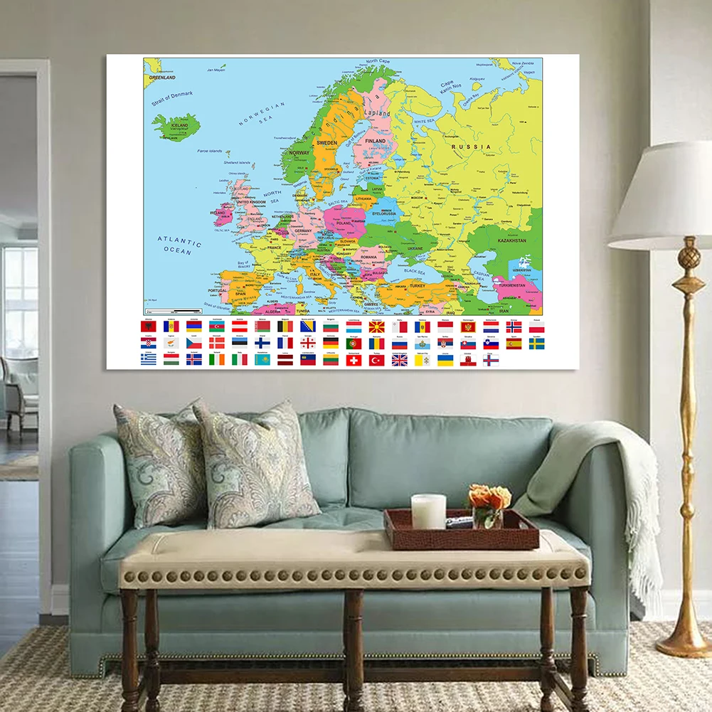 Imagem -03 - Pintura da Lona do Mapa da Europa Não-tecido Cartaz de Parede de Vinil Decoração para Casa Material Escolar 150x100cm