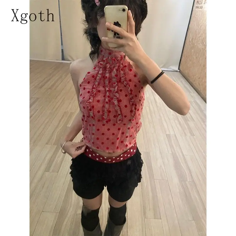 Summer New Niche Sexy Spice Off-the-shoulder Short Sleeveless Top Fashion Design Red Polka Dot Print Halter Vest