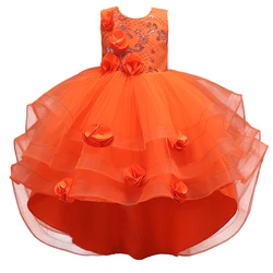 Orange Flower Girl Party Dresse for 3 to 12 Year KID Birthday Princess Tail Dress Sleeveless Girl ball Dress