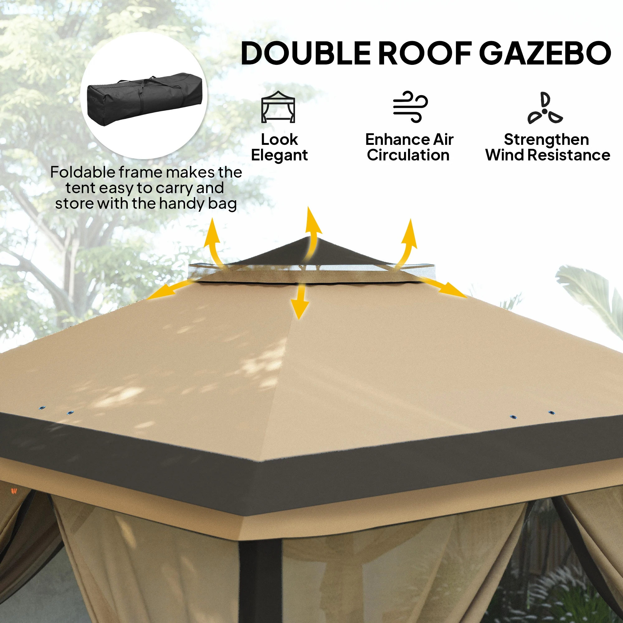 Outsunny 3.3 x 3.3m Pop Up Gazebo, Double Roof Foldable Canopy Tent with Zipped Mesh Sidewalls, Height and Carrying Bag, Beige