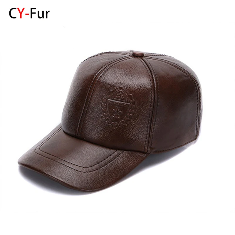 

Male Fall Winter Genuine Real Cow Leather Baseball Hats New Men Casual Real Leather Earflap Cap Men Real Cowhide Leather Caps