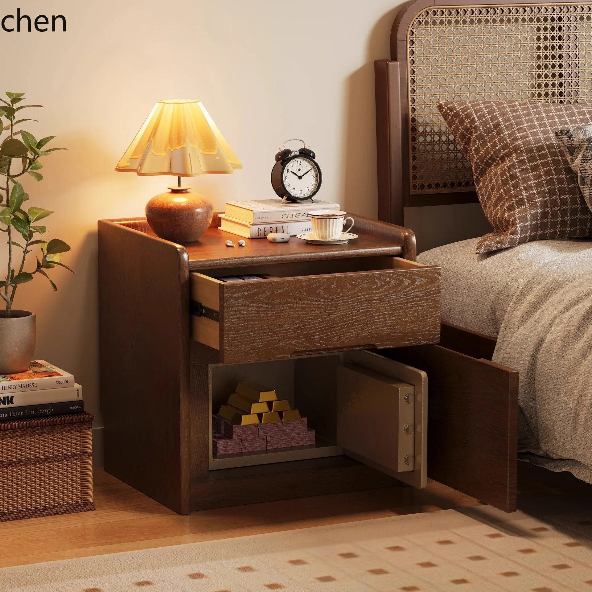 CZ Solid Wood Bedside Cabinet with Integrated Safe Simple Multifunctional Bedside Cabinet with Fingerprint Password Safe