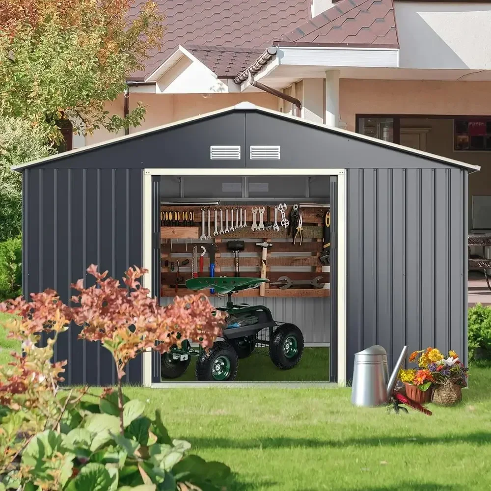 11x8 ft Galvanized Steel Outdoor Storage Shed with Double Sliding Doors, Ventilated, Weatherproof for Garden, Patio, Lawn